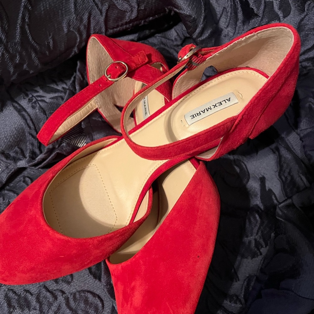 Alex Marie Red Heels with Ankle Strap and Pointed Toe